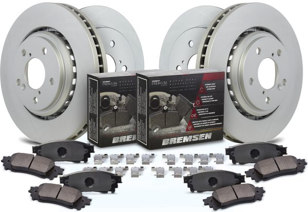 Bremsen Front and Rear Ceramic Brake Pads and Bremsen Coated Front and Rear Brake Rotor Kit Fits 2007-2012 Dodge Caliber, 2008-2014 Avenger (11,57in Front Rotors)(10,31in Rear Rotors)
